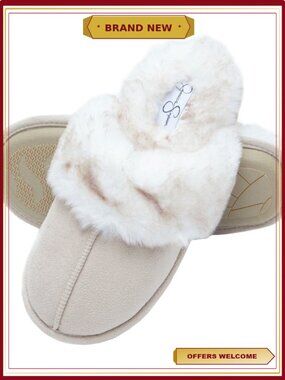 Faux Fur House Slippers Memory Foam Slip On Anti-Skid Sole Scuff Comfort